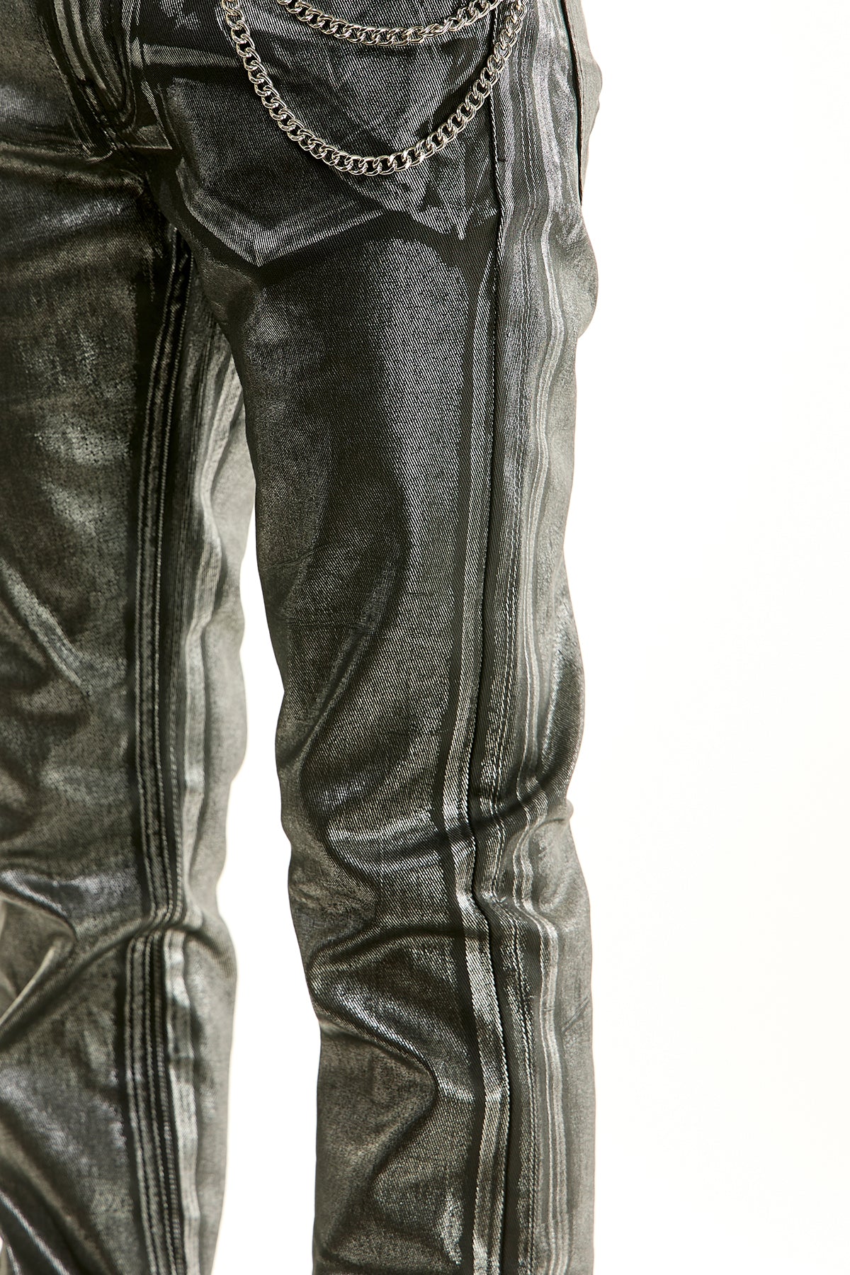 Men's Chrome Skinny Flare Pants - Black Metallic Foil Denim