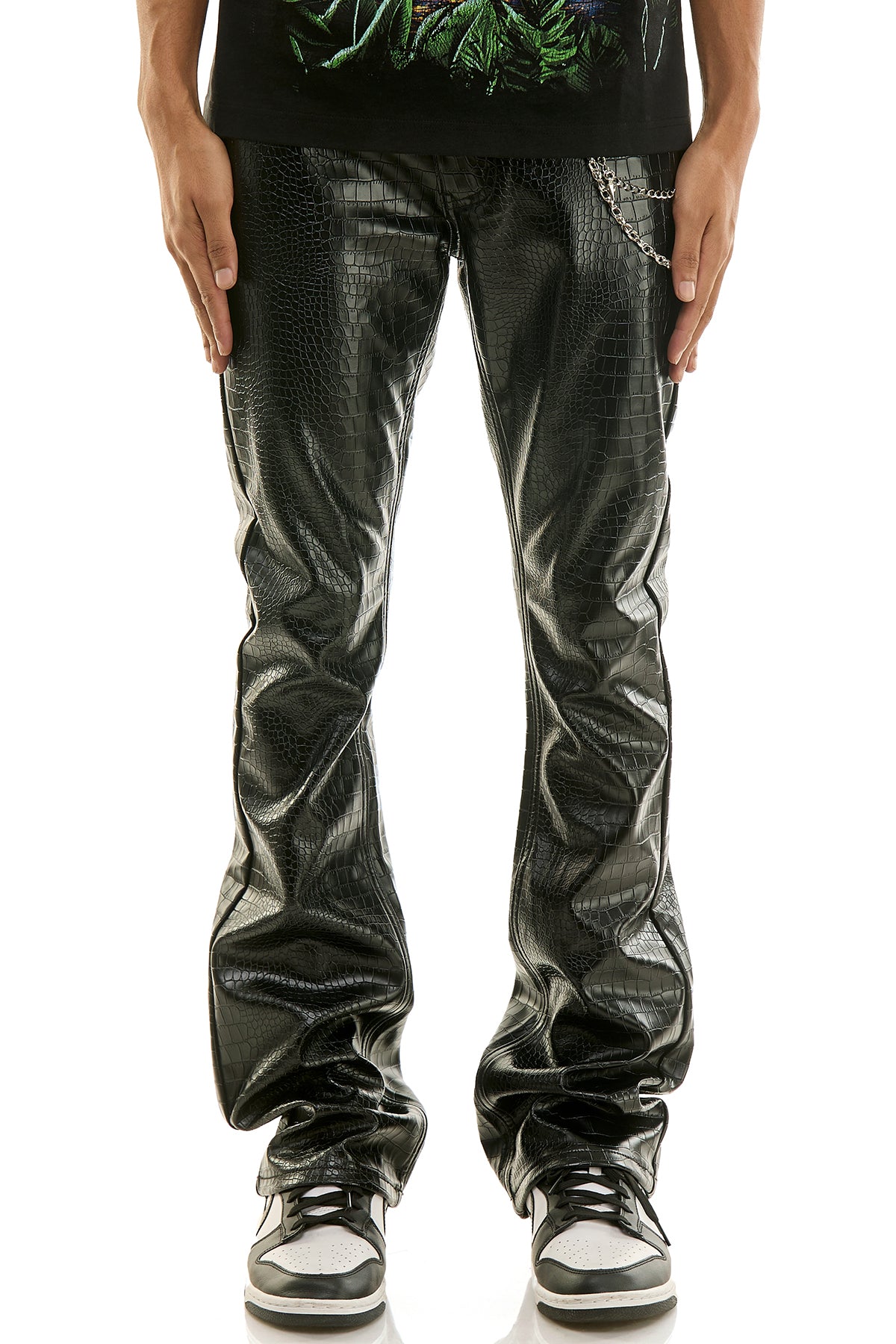 Men's Python PU Skinny Flare Pants - Black Faux Leather | KNB3471