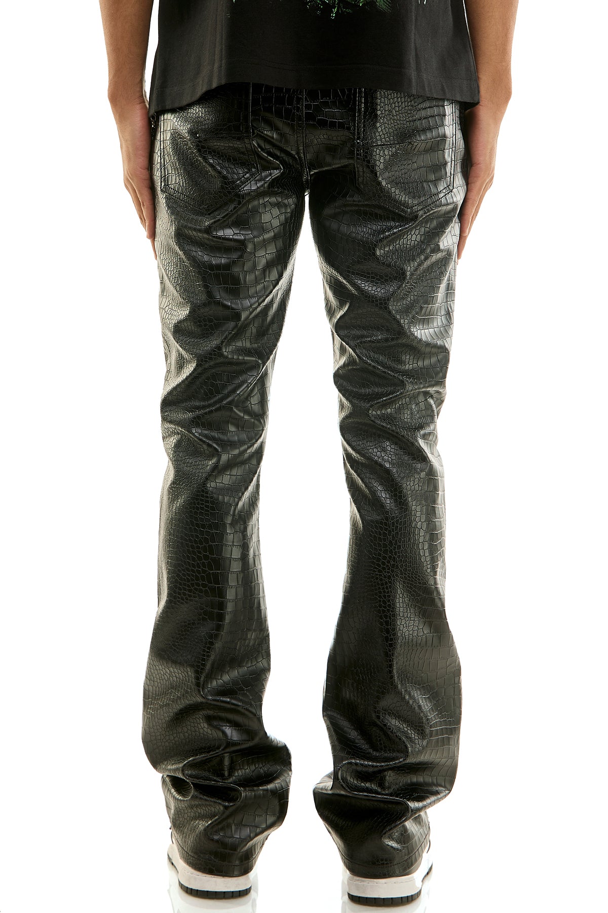 Men's Python PU Skinny Flare Pants - Black Faux Leather | KNB3471