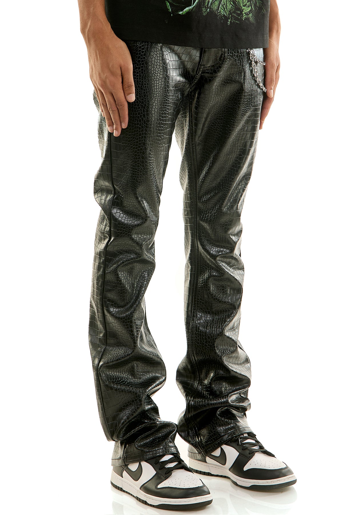 Men's Python PU Skinny Flare Pants - Black Faux Leather | KNB3471