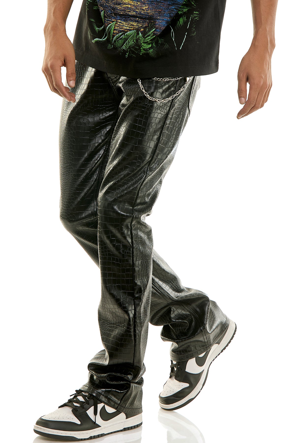 Men's Python PU Skinny Flare Pants - Black Faux Leather | KNB3471
