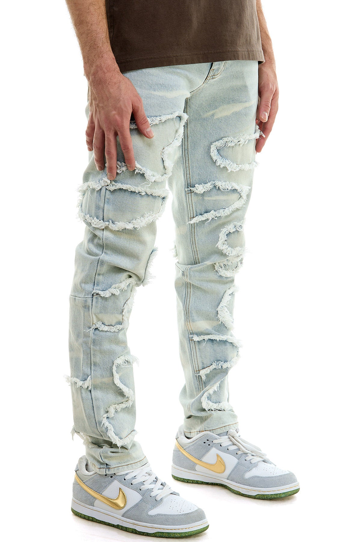 【KIXI】★(UNISEX) Banding Wave Washing Denim bleach blue denim and mesh zipper pants - regular in VINTAGE