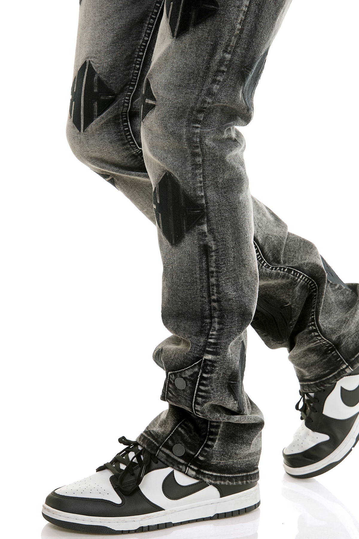 Men's Grey Embroidered Jeans - Skinny Flare Geometric Denim