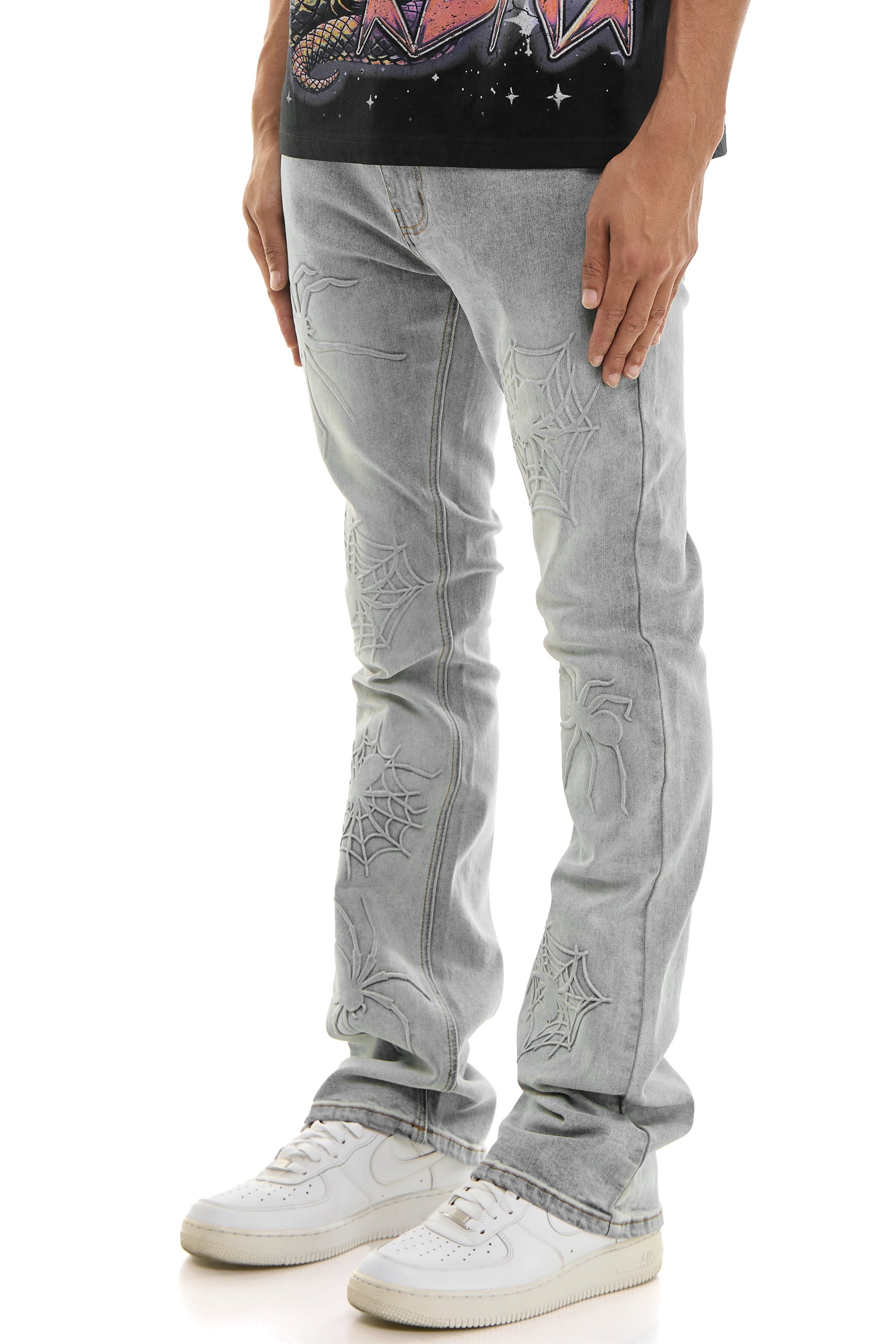 Men's Grey Spiderweb Skinny Flare Jeans - Embroidered Denim
