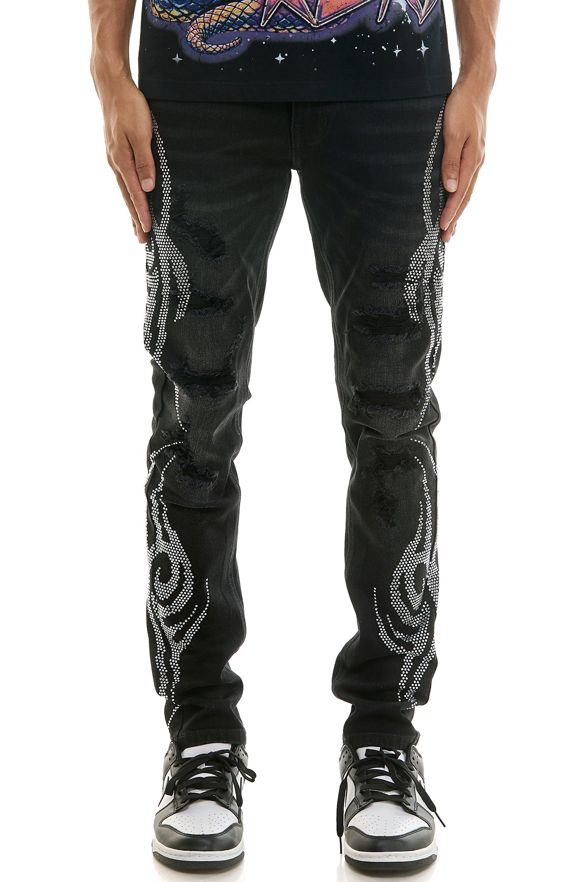 Men's Tribal Rhinestone Skinny Jeans - Black Studded Denim