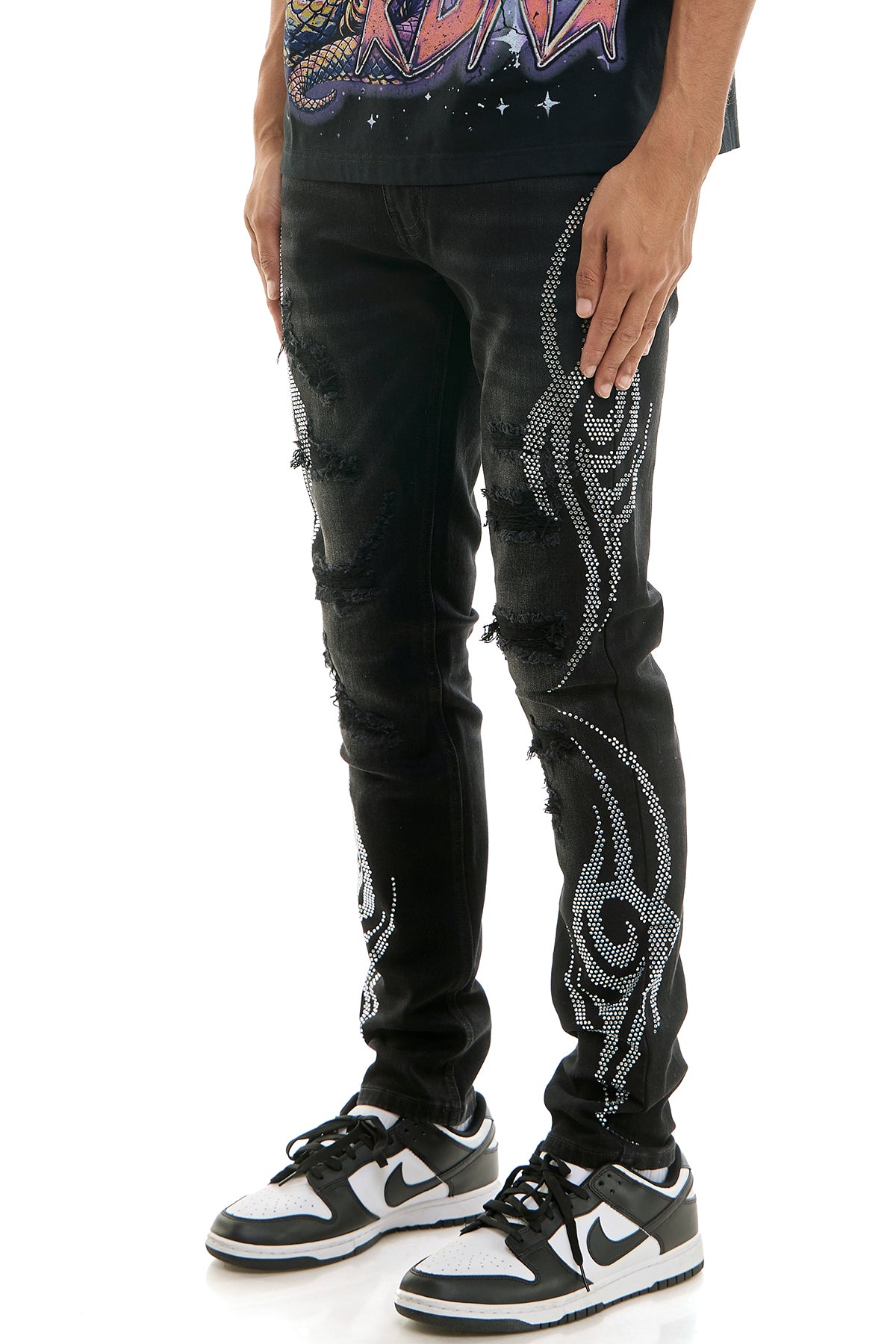 Men's Tribal Rhinestone Skinny Jeans - Black Studded Denim