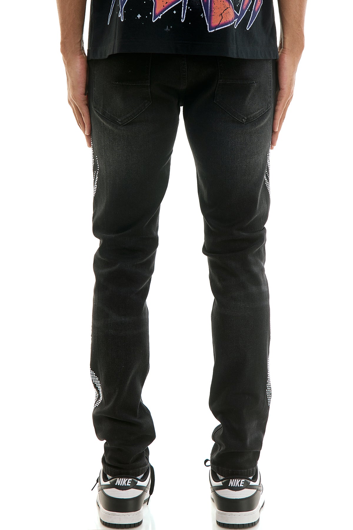 Men's Tribal Rhinestone Skinny Jeans - Black Studded Denim