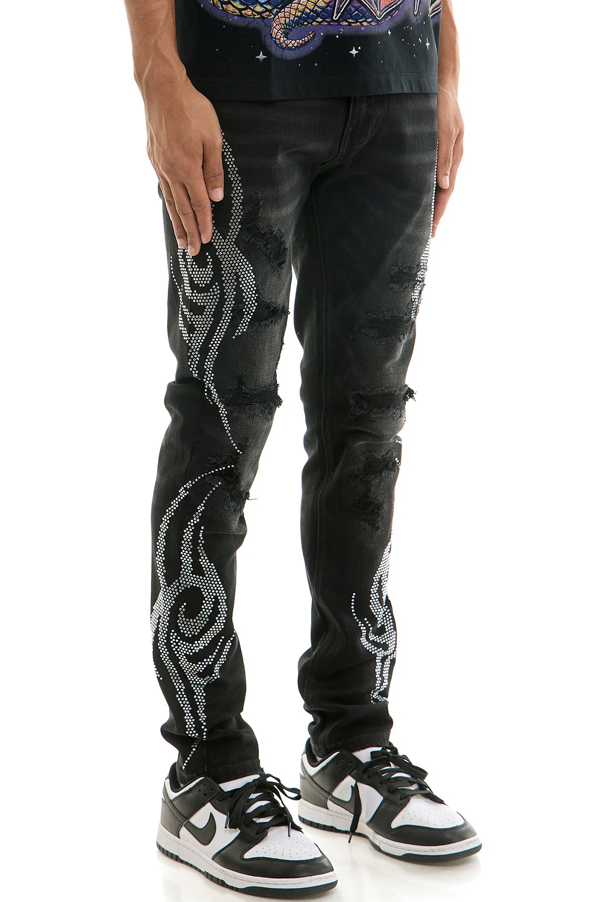 Men's Tribal Rhinestone Skinny Jeans - Black Studded Denim