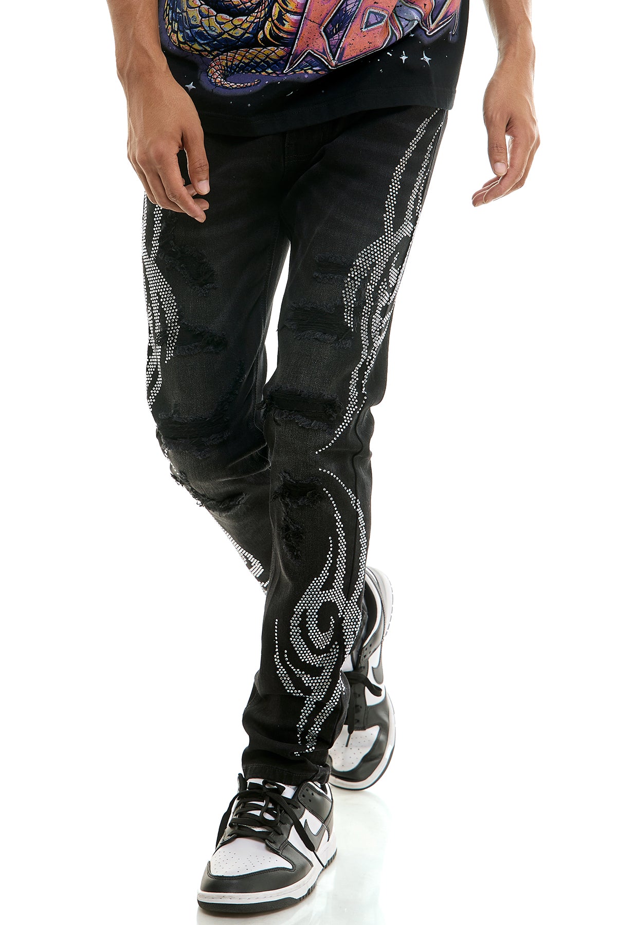 Men's Tribal Rhinestone Skinny Jeans - Black Studded Denim