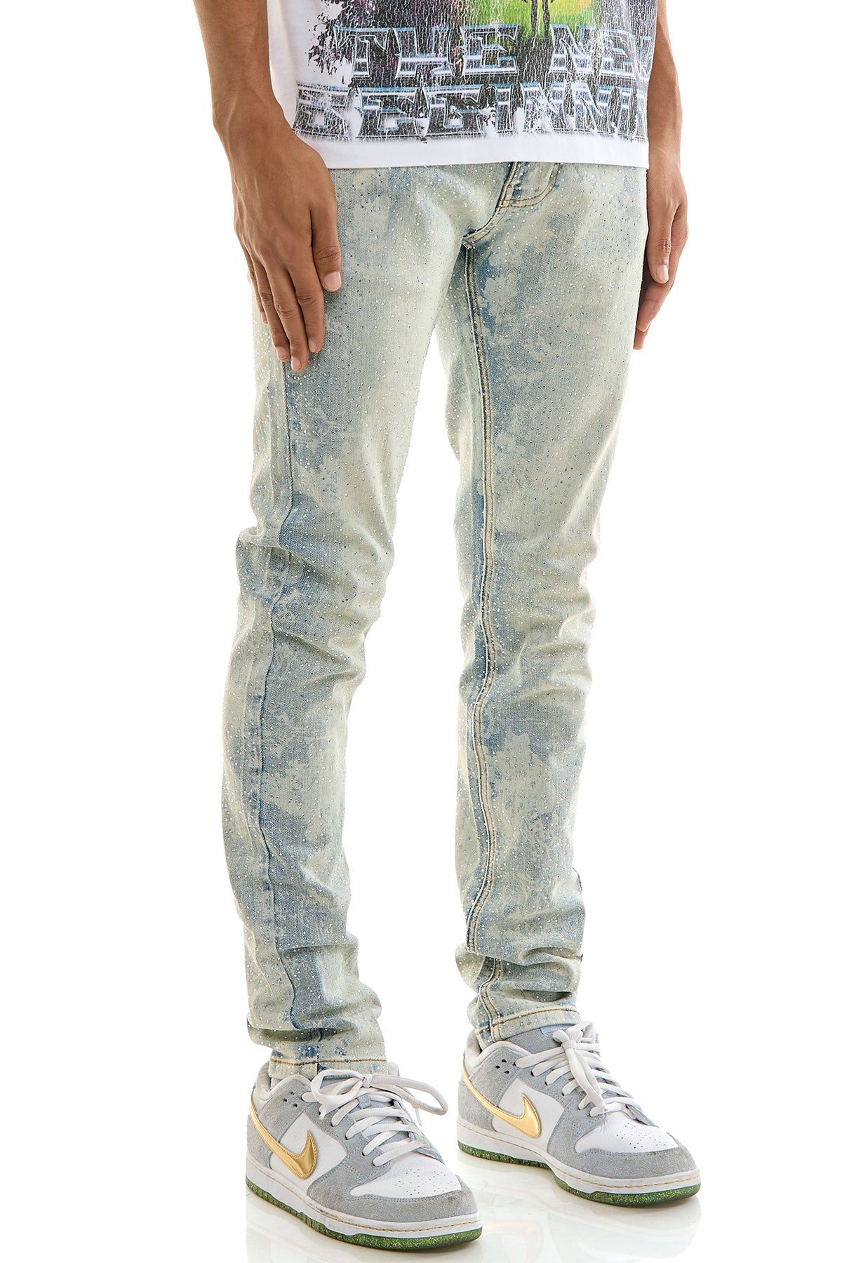 Men's Frost Rhinestone Skinny Jeans - Ice Blue Sparkle Denim