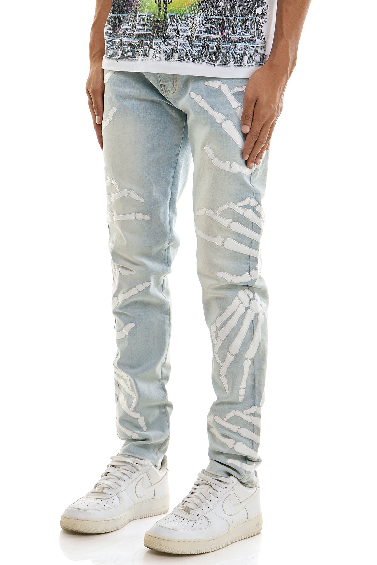 Men's Grim Skinny Jeans - Skeleton Hand Embroidered Denim