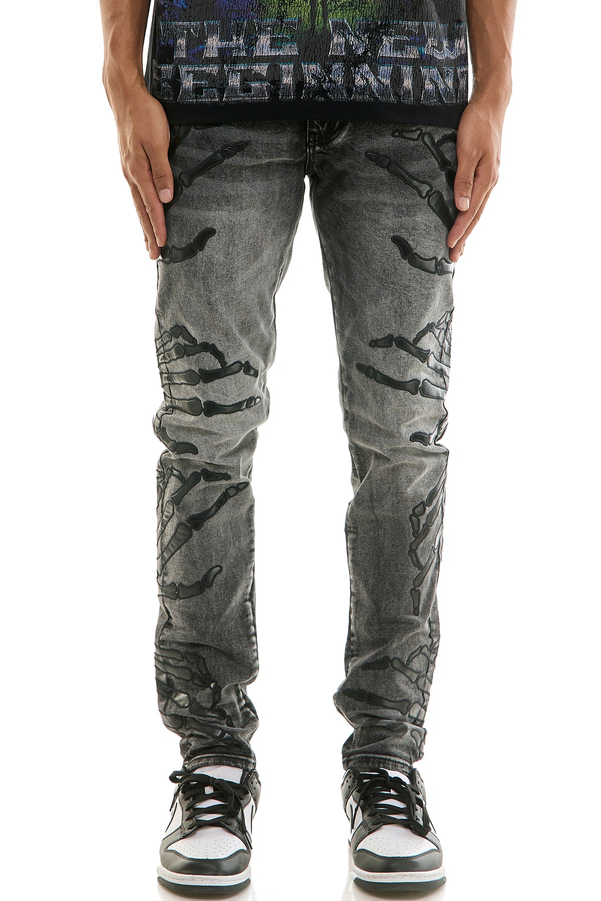 Men's Grim Skinny Jeans - Skeleton Hand Embroidered Denim
