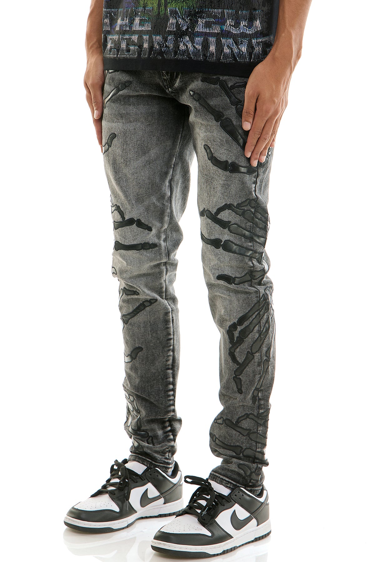 Men's Grim Skinny Jeans - Skeleton Hand Embroidered Denim
