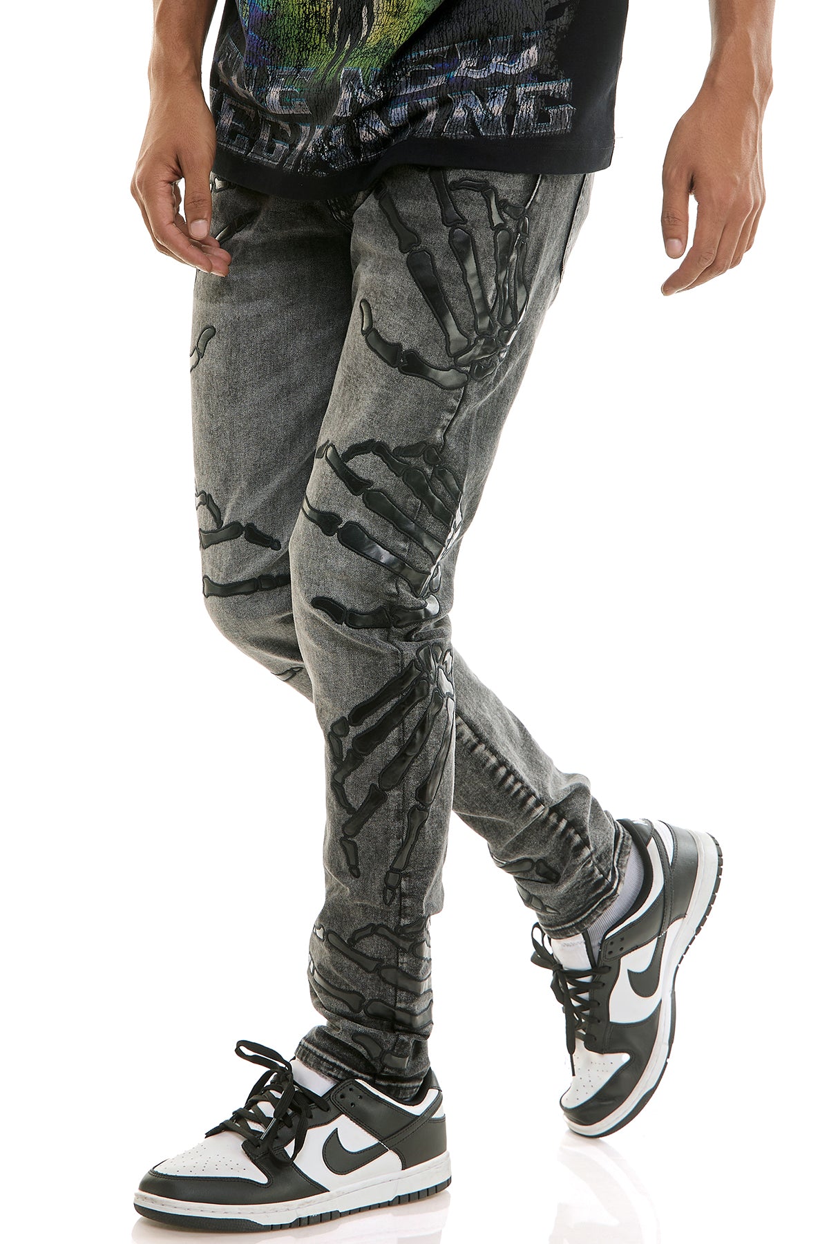 Men's Grim Skinny Jeans - Skeleton Hand Embroidered Denim