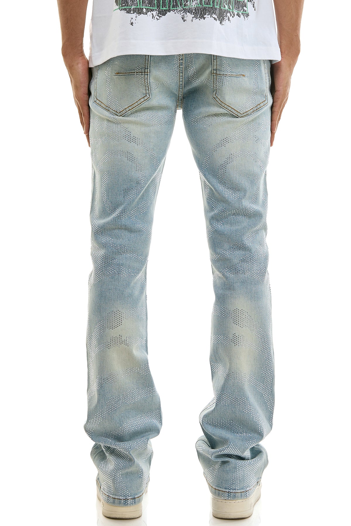 Men's Diamond Rhinestone Skinny Flare Jeans - Blue Denim | KND4896