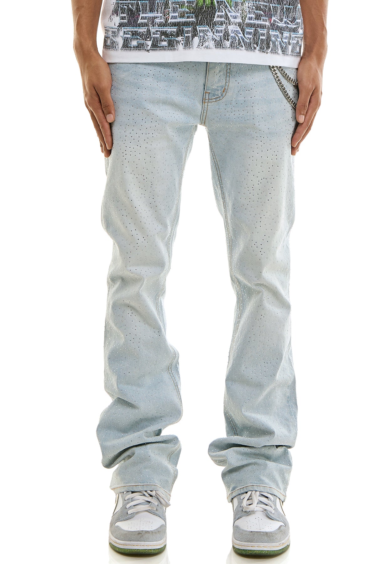 Men's Light Blue Rhinestone Jeans - Skinny Flare Studded Denim