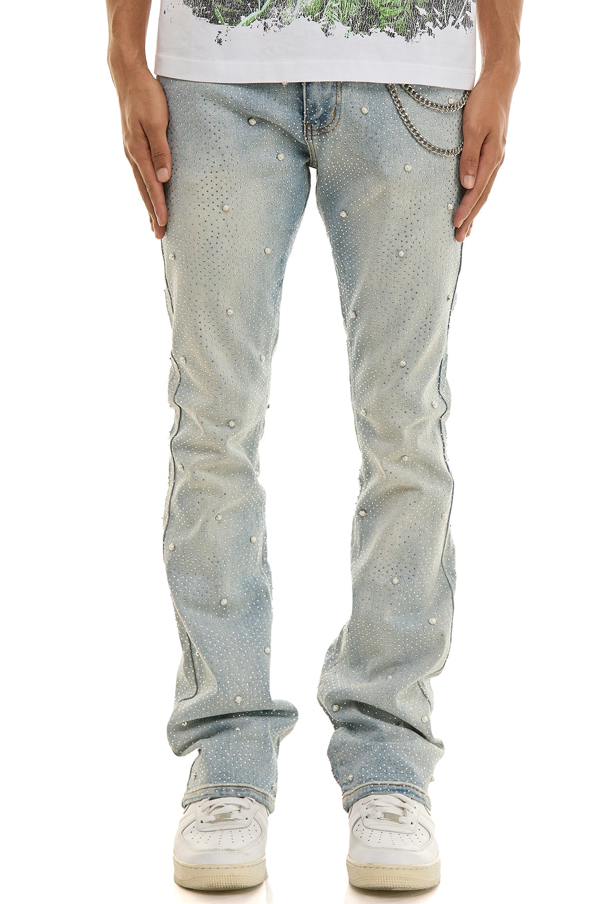 Men's Pearl Rhinestone Skinny Flare Jeans - Light Blue | KND4927 – KDNK