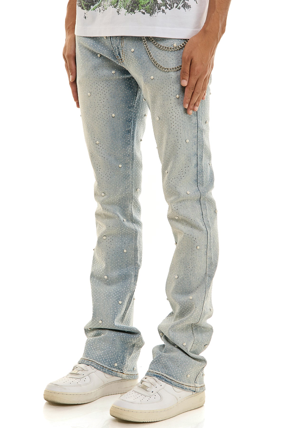 Men's Pearl Rhinestone Skinny Flare Jeans - Light Blue | KND4927 – KDNK