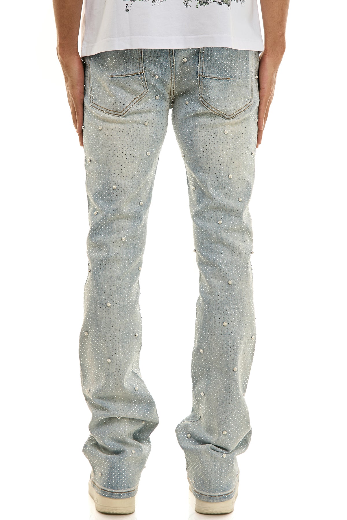 Men's Pearl Rhinestone Skinny Flare Jeans - Light Blue | KND4927 – KDNK