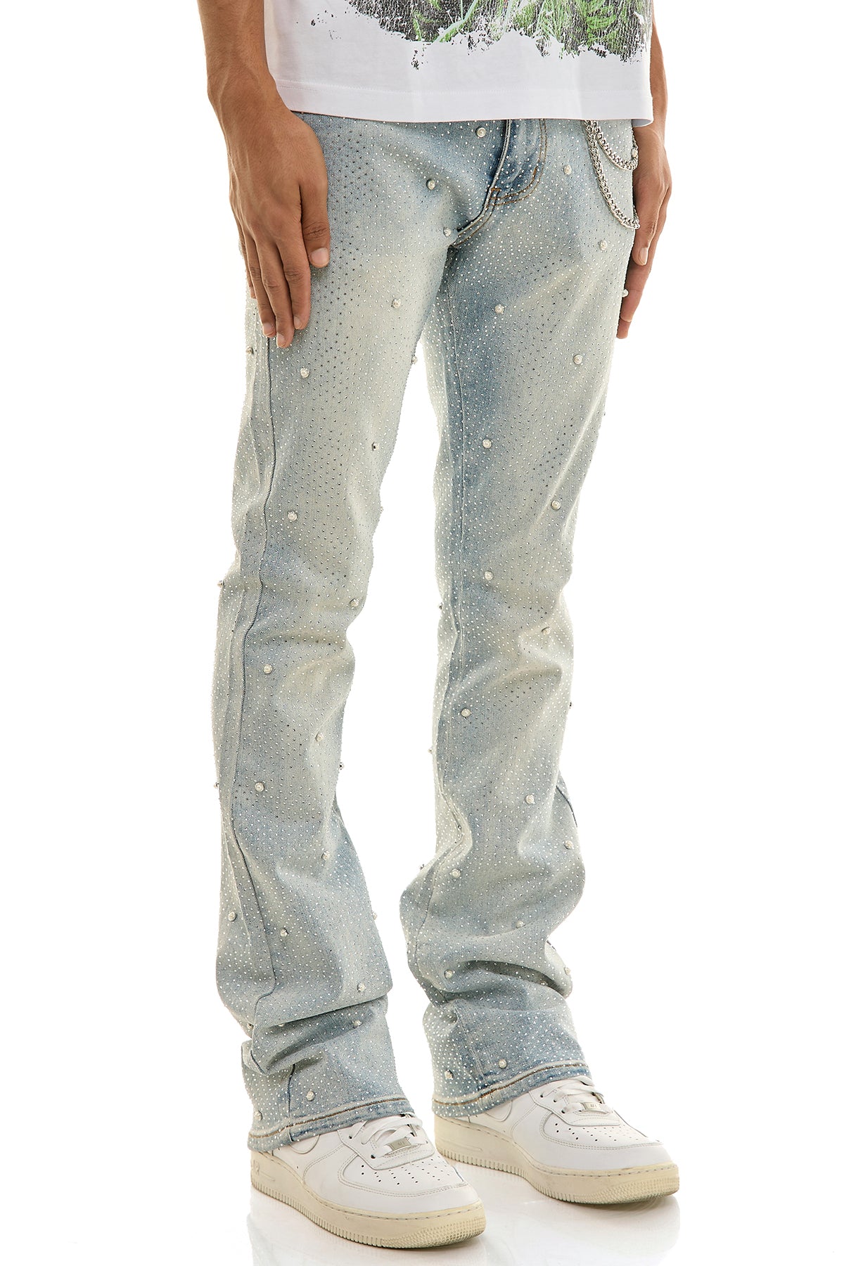 Men's Pearl Rhinestone Skinny Flare Jeans - Light Blue | KND4927 – KDNK