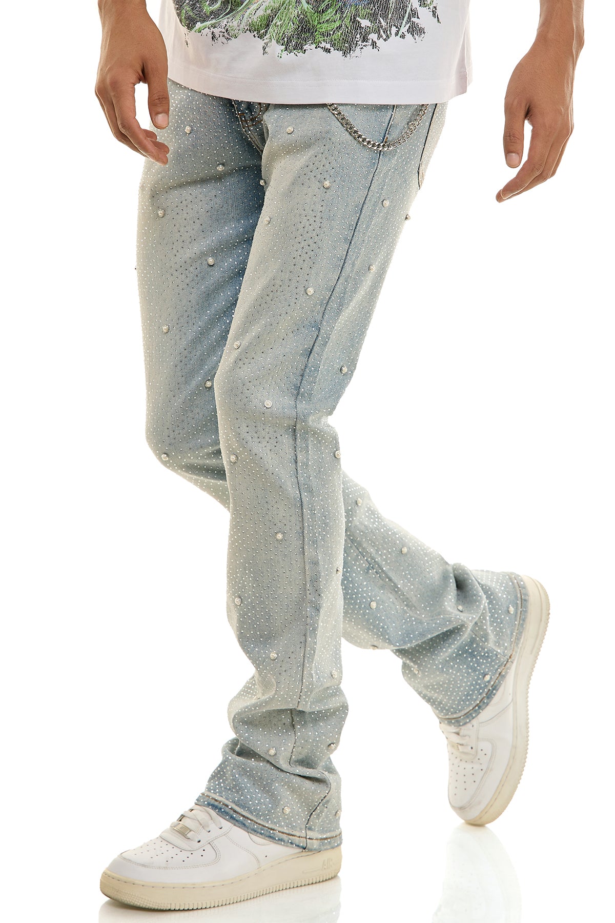 Men's Pearl Rhinestone Skinny Flare Jeans - Light Blue | KND4927 – KDNK