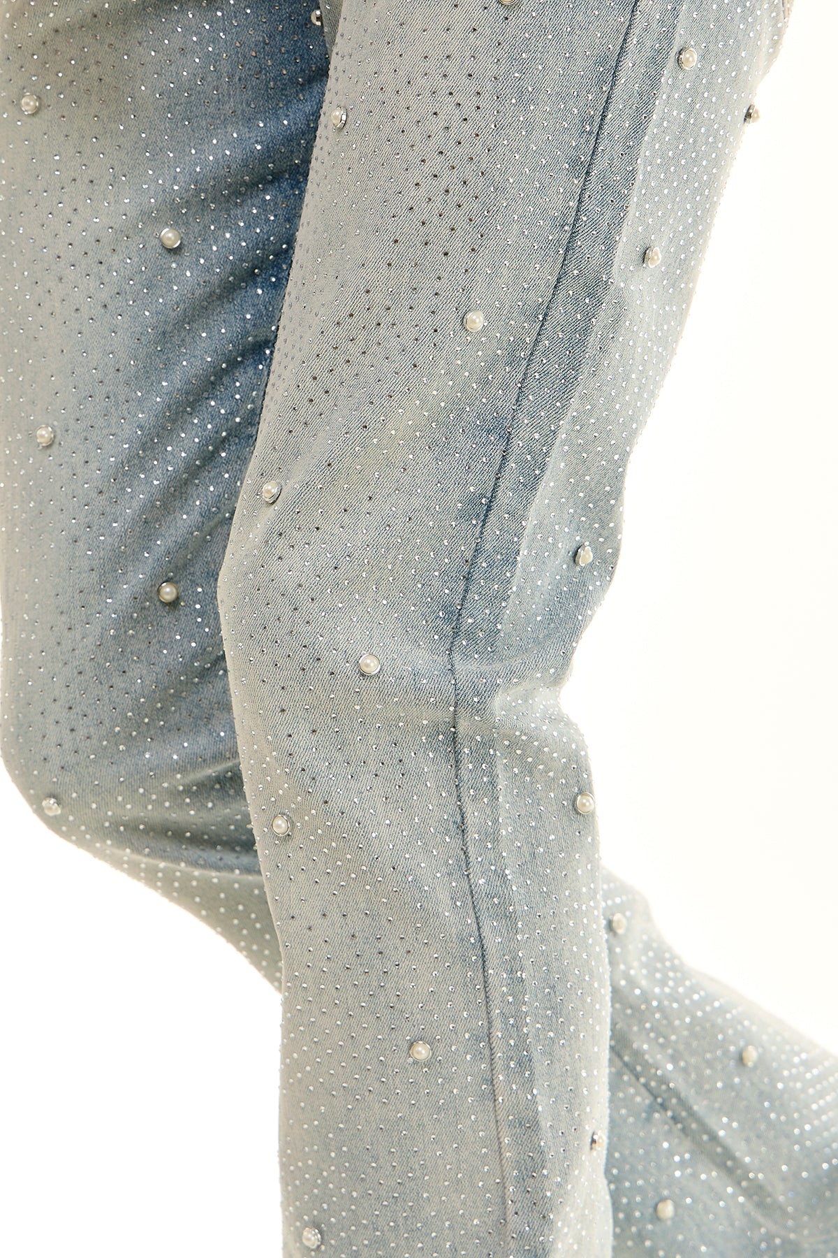 Men's Pearl Rhinestone Skinny Flare Jeans - Light Blue | KND4927 – KDNK
