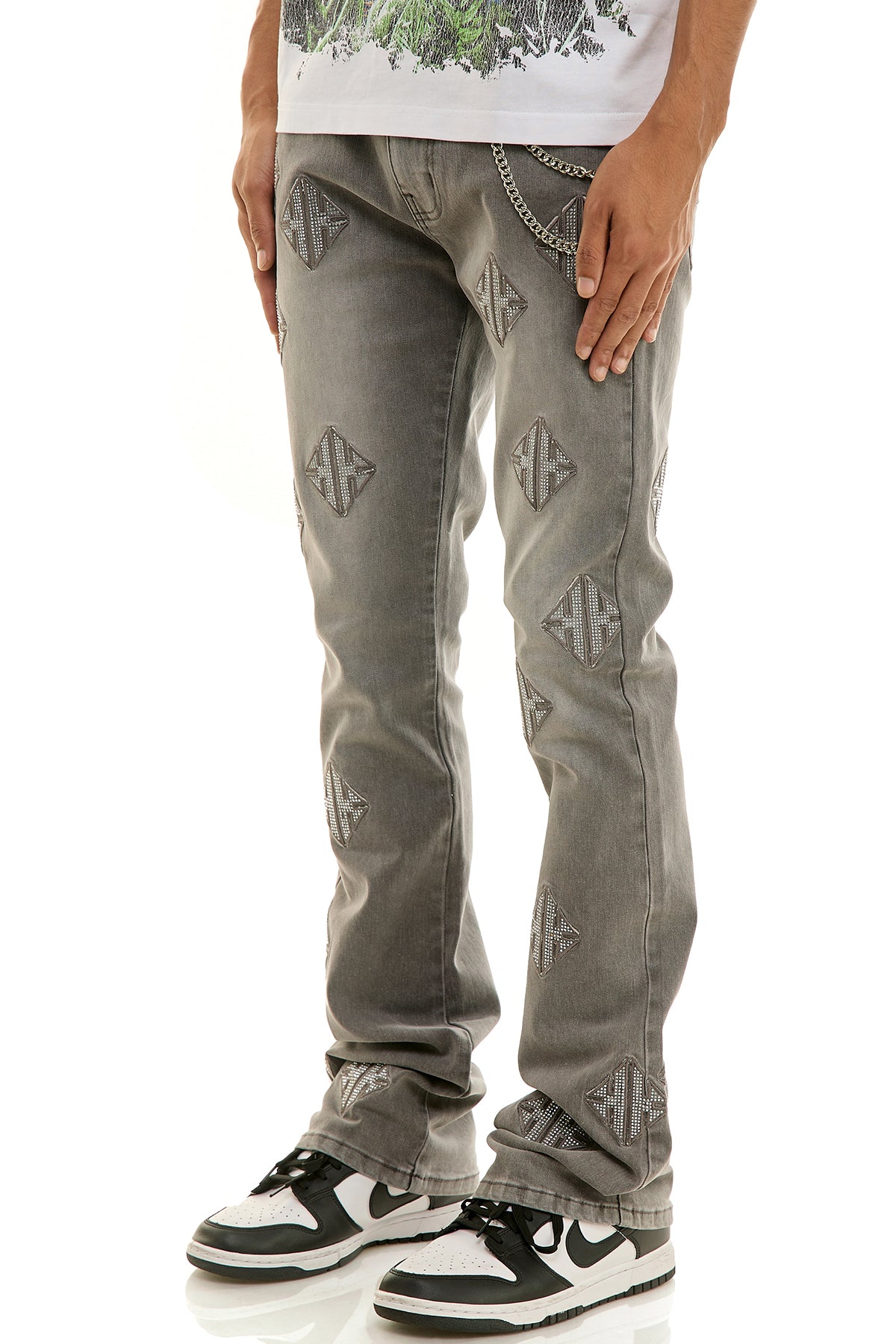 Men's Monogram Rhinestone Flare Jeans - Grey Diamond Denim | KND4931 – KDNK