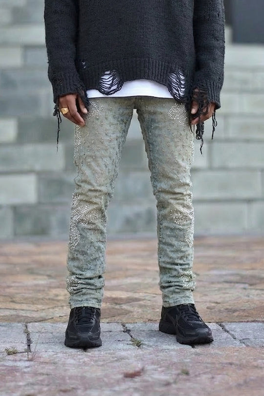 JACQUARD CROSS RHINESTONE JEANS