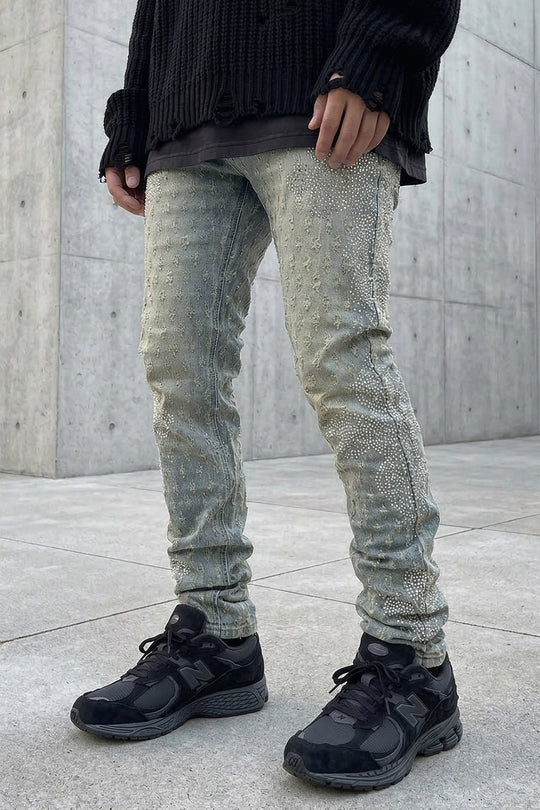 JACQUARD CROSS RHINESTONE JEANS