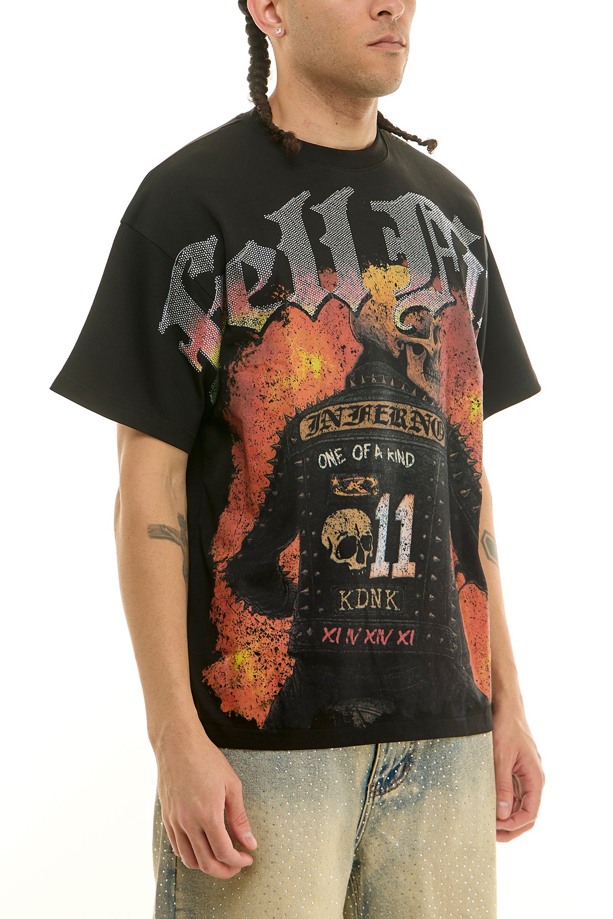 ENTH Hell Fire Tシャツ 黒色 XLサイズ エンス バンド Men's Hell Fire Rhinestone T-Shirt - Black & White | KNT096 – KDNK