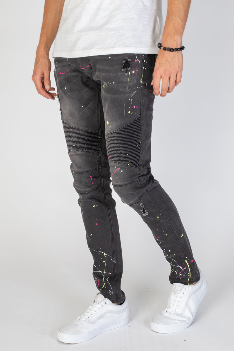 Distressed Moto Jeans with Neon Paint Splatter (Dark Medium Gray) (4193069105254)