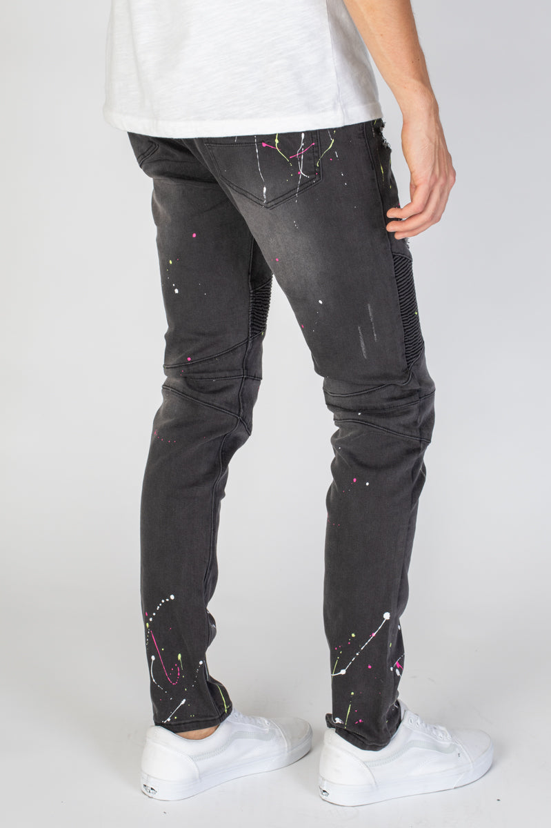 Distressed Moto Jeans with Neon Paint Splatter (Dark Medium Gray) (4193069105254)