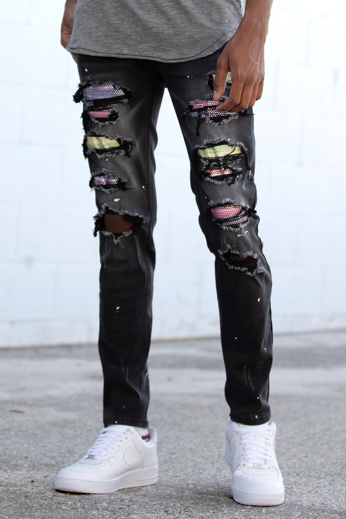 Multi-Color Rhinestones Patched Jeans (Black) (4908175327334)