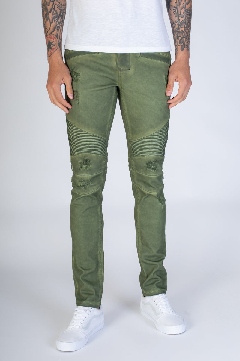 Spray Washed Moto Skinny Jeans (Olive) (3951445213286)