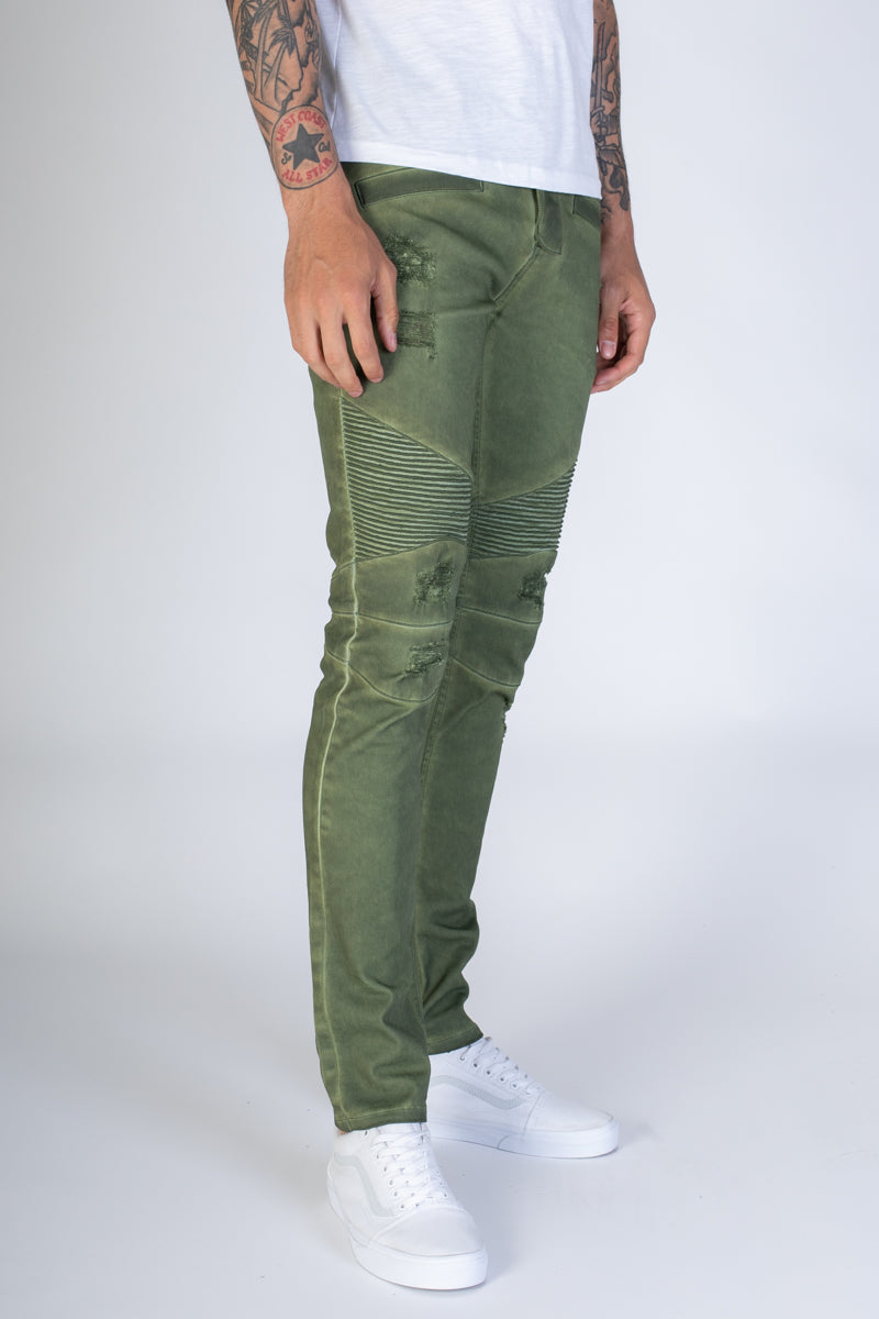 Spray Washed Moto Skinny Jeans (Olive) (3951445213286)