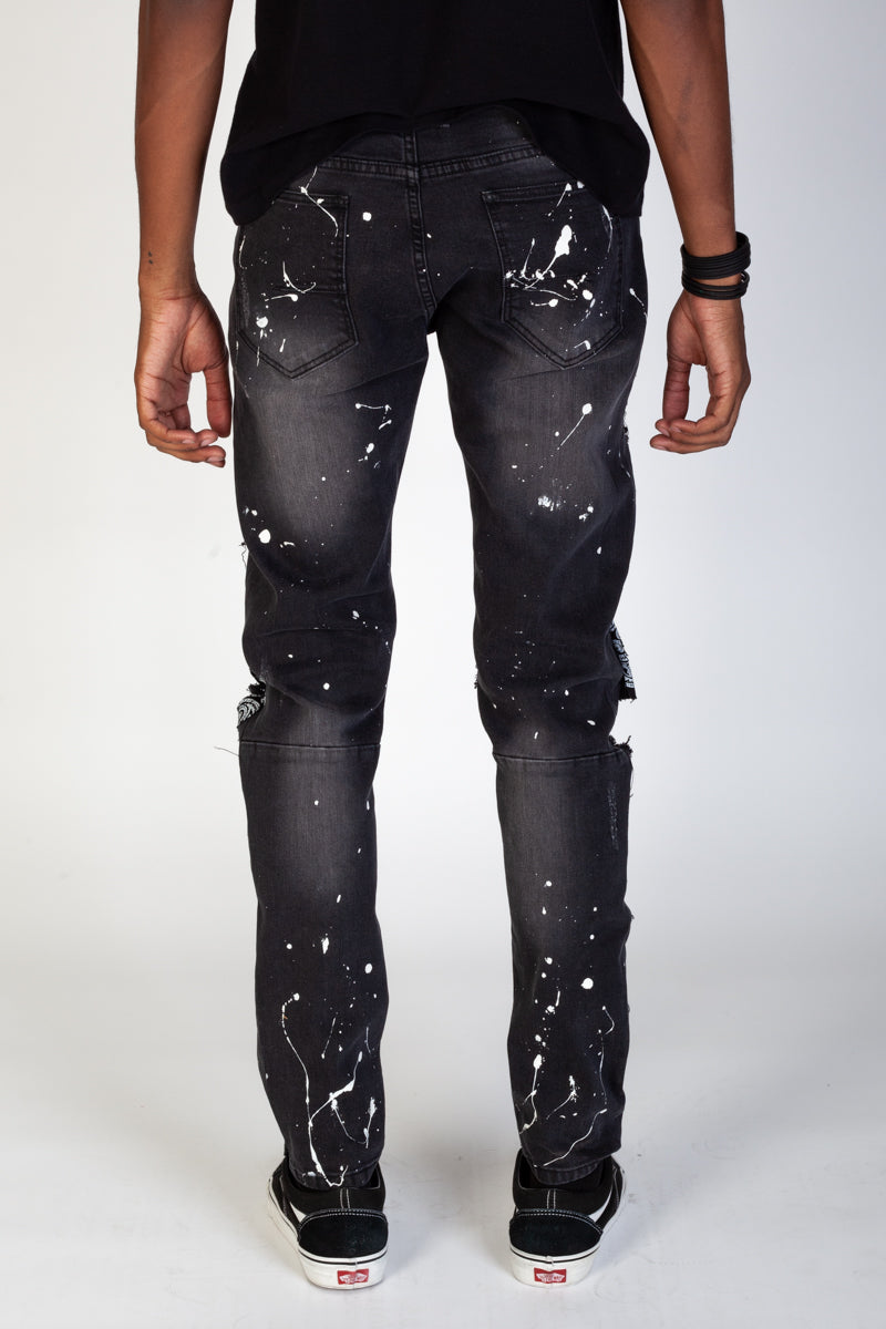 Ripped Paisley Patch Jeans With Paint Splatter (Dark Medium Gray) (4571244724326)