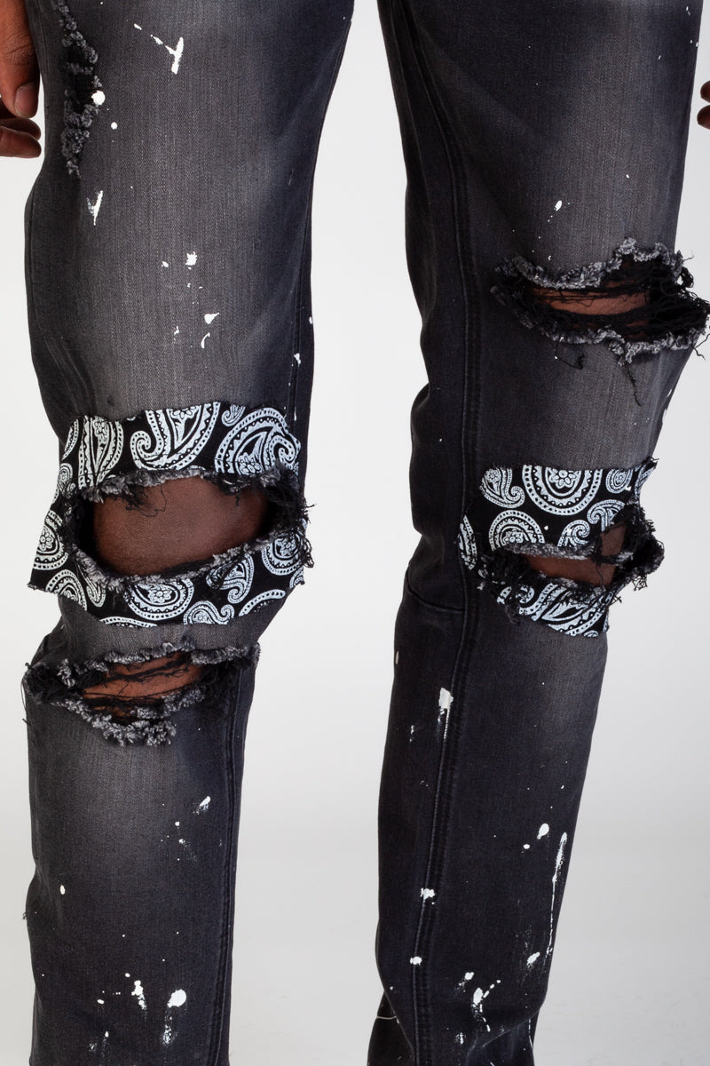 Ripped Paisley Patch Jeans With Paint Splatter (Dark Medium Gray) (4571244724326)