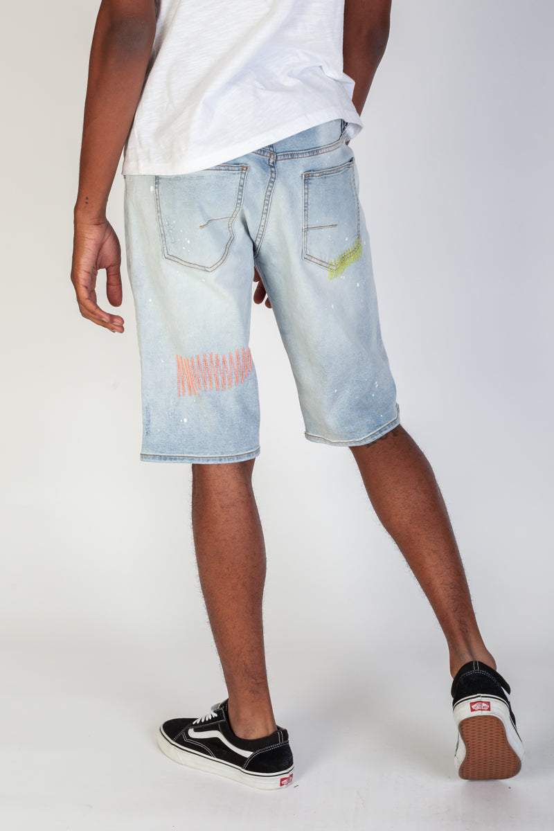 Rip & Repair Shorts With Neon Stitching (Tinted Lite Blue) (4683322294374)