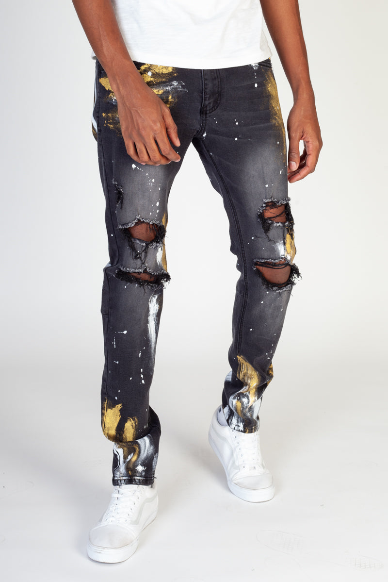Ripped Jeans With Gold Paint Brush (Dark Medium Gray) (4474549207142)