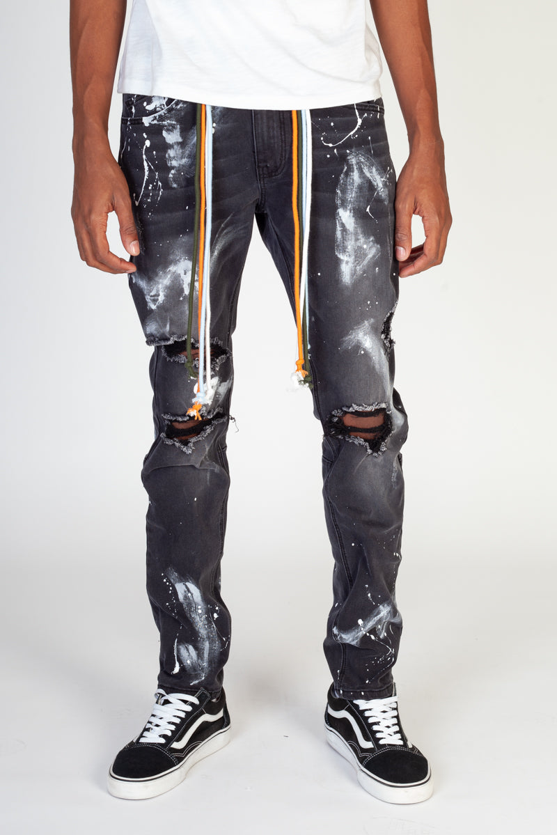 Paint Splatter Skinny Jeans With Multi-Color Drawstrings (Dark Medium Gray) (4605149610086)