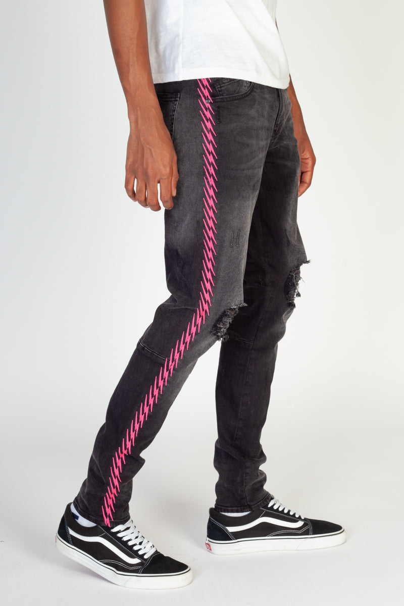 Neon Embroidered Jeans (Dark Medium Gray/Hot Pink) (4886833889382)