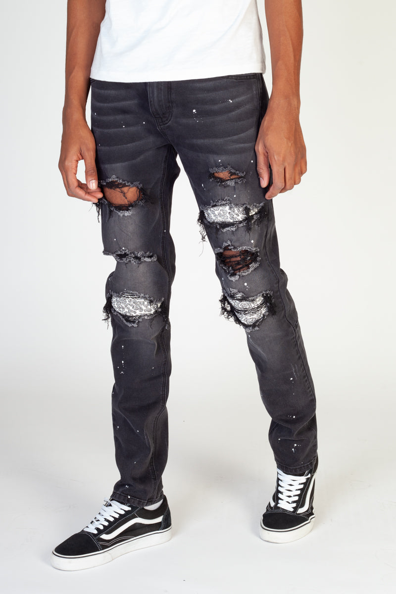 Pintucked Patched Skinny Jeans (Black) (4571254849638)