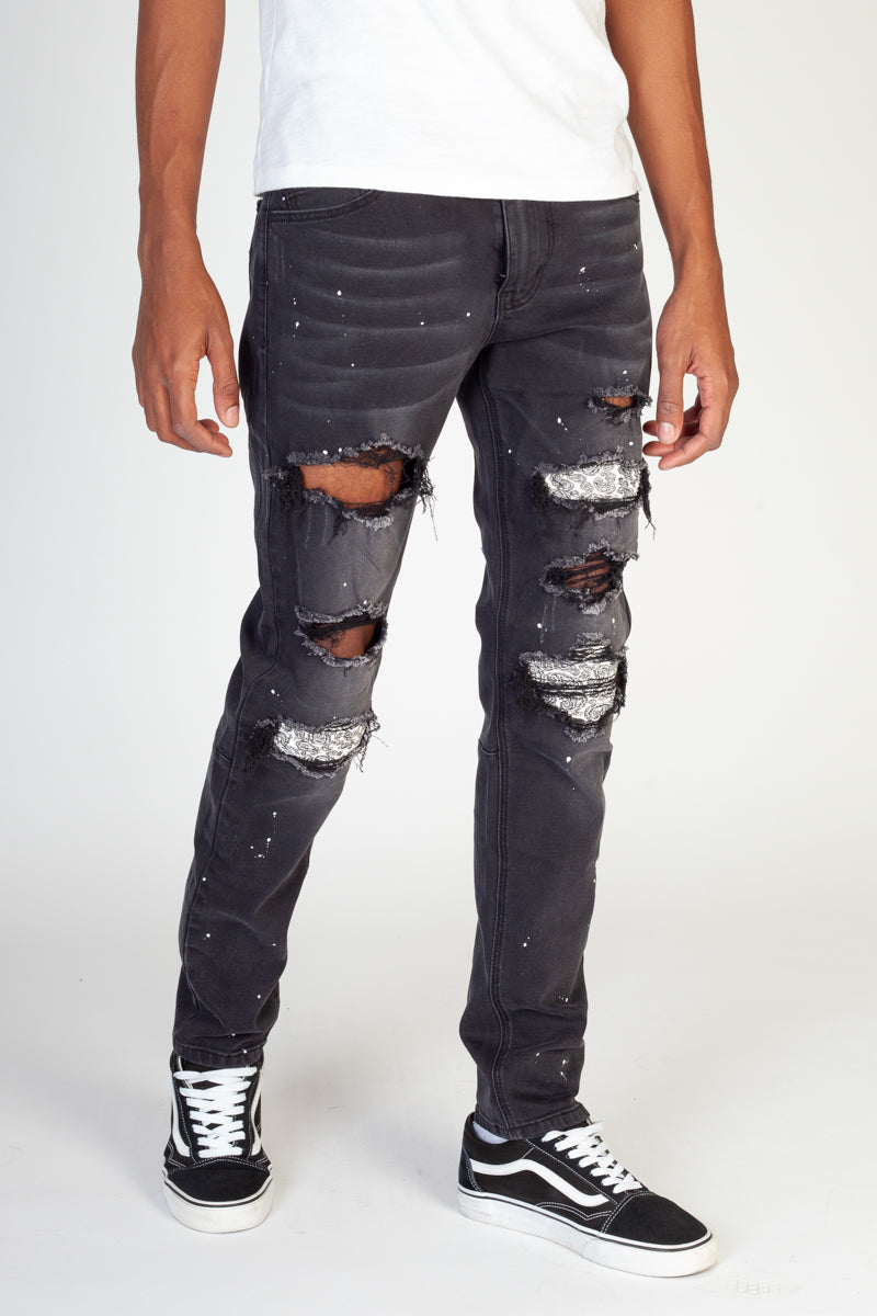 Pintucked Patched Skinny Jeans (Black) (4571254849638)