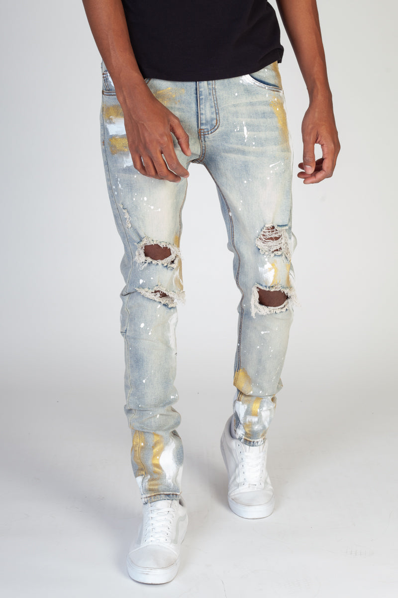 Ripped Jeans With Gold Paint Brush (Blue) (4474538754150)