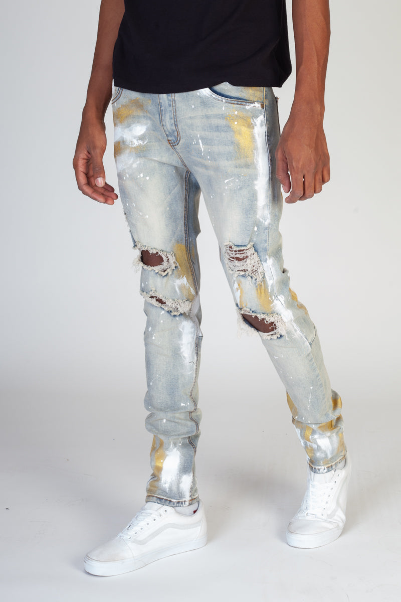 Ripped Jeans With Gold Paint Brush (Blue) (4474538754150)