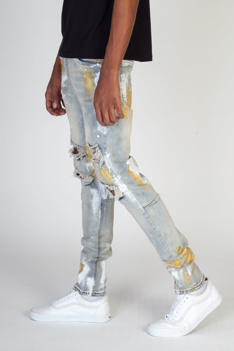 Ripped Jeans With Gold Paint Brush (Blue) (4474538754150)
