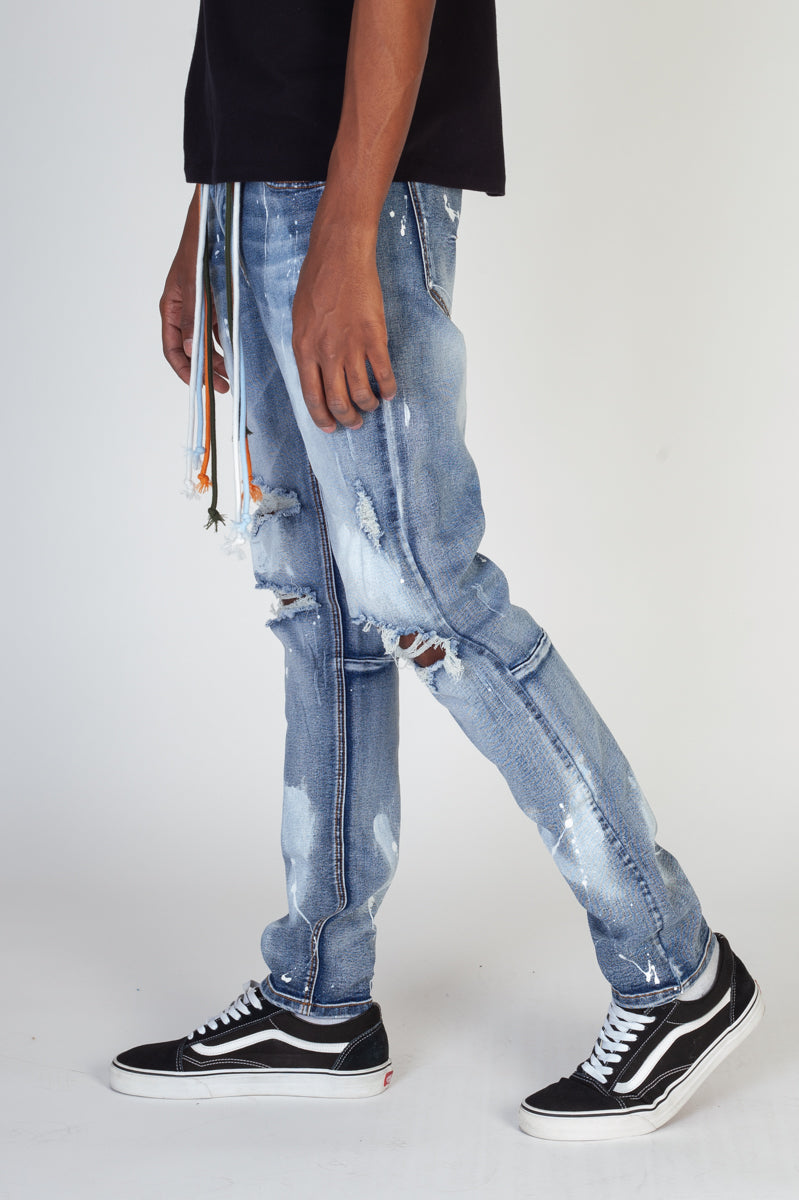 Paint Splatter Skinny Jeans With Multi-Color Drawstrings (Medium Blue) (4605153149030)