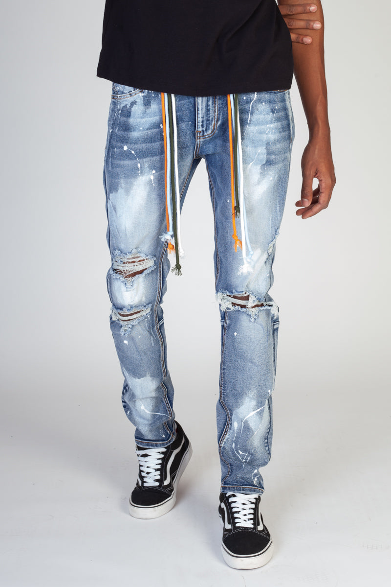 Paint Splatter Skinny Jeans With Multi-Color Drawstrings (Medium Blue) (4605153149030)