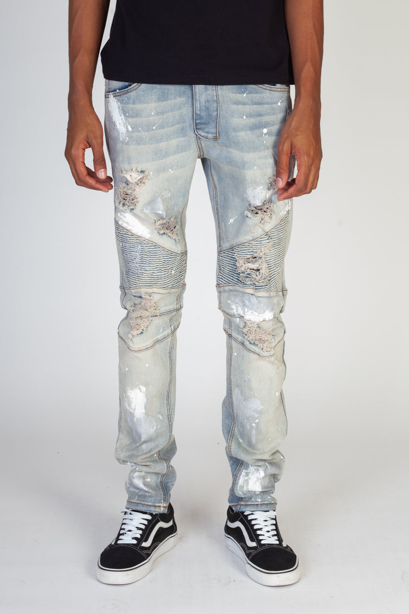 Moto Jeans With Metallic Silver Paint (Blue) (4571252523110)