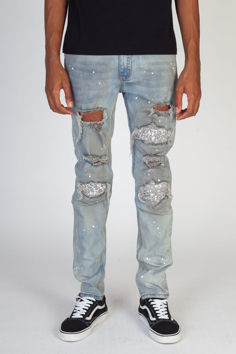Pintucked Patched Skinny Jeans (Blue) (4571257143398)